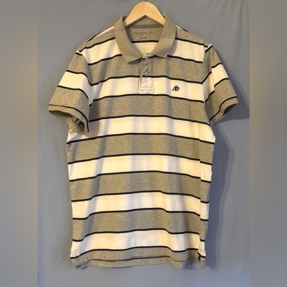 Aeropostale Men’s Gray and White Striped Polo Shirt Size 2XLT